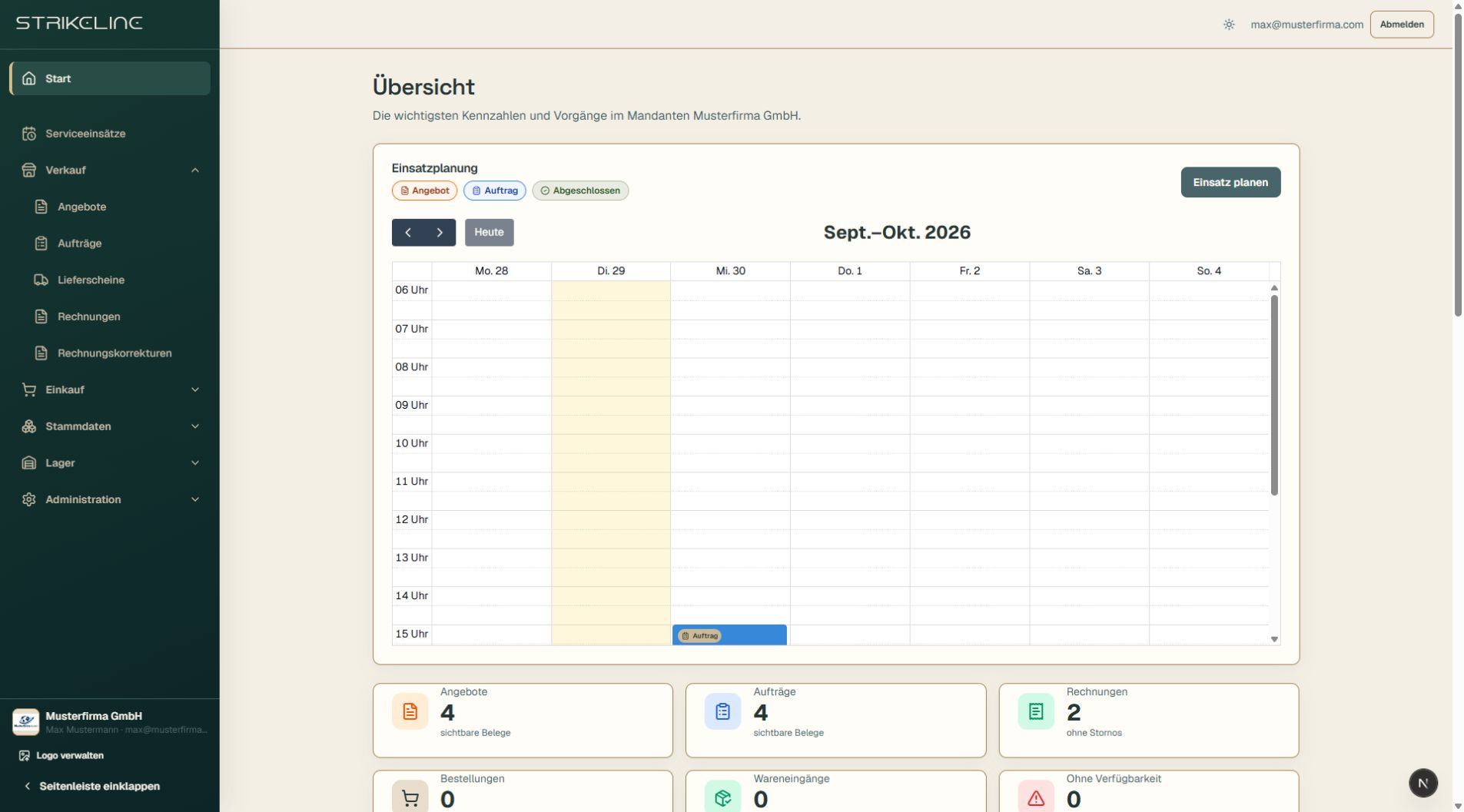 Dashboard von Strikeline mit Einsatzplanung und Belegkennzahlen